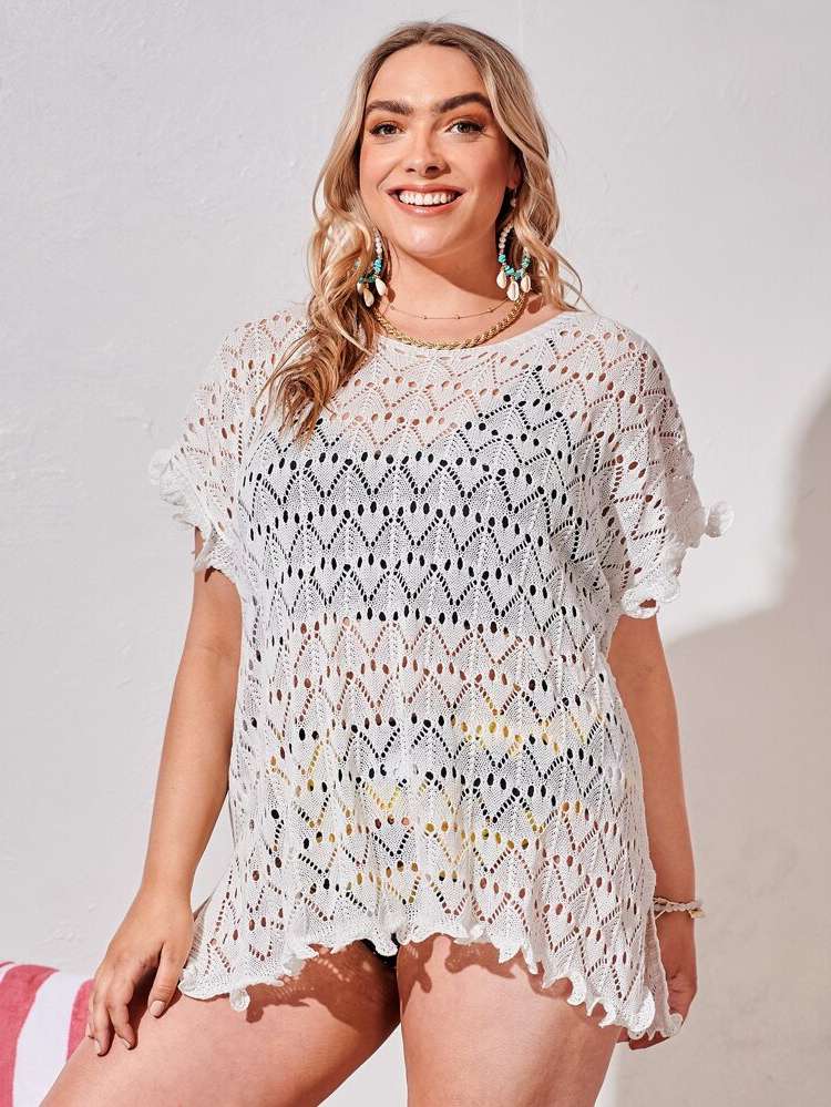 Round Neck Plain Short Sleeve Plus Size Beachwear 391