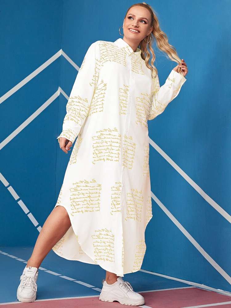 Button Front White Loose Letter Plus Size Dresses 660