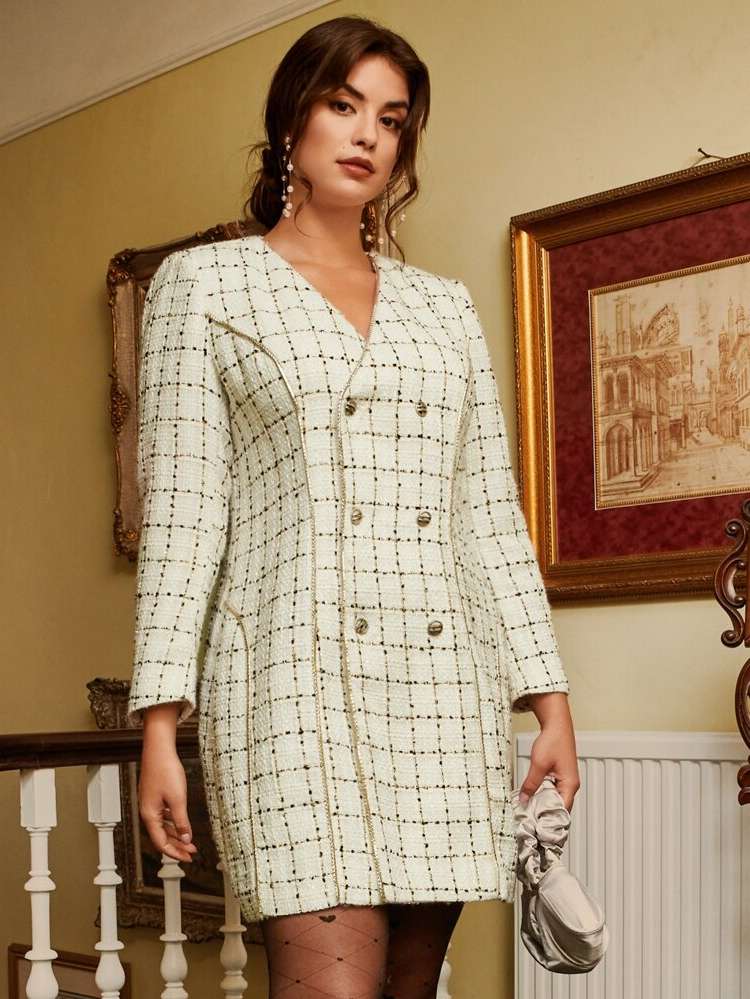 Double Button White Plaid Short Plus Size Overcoats 440