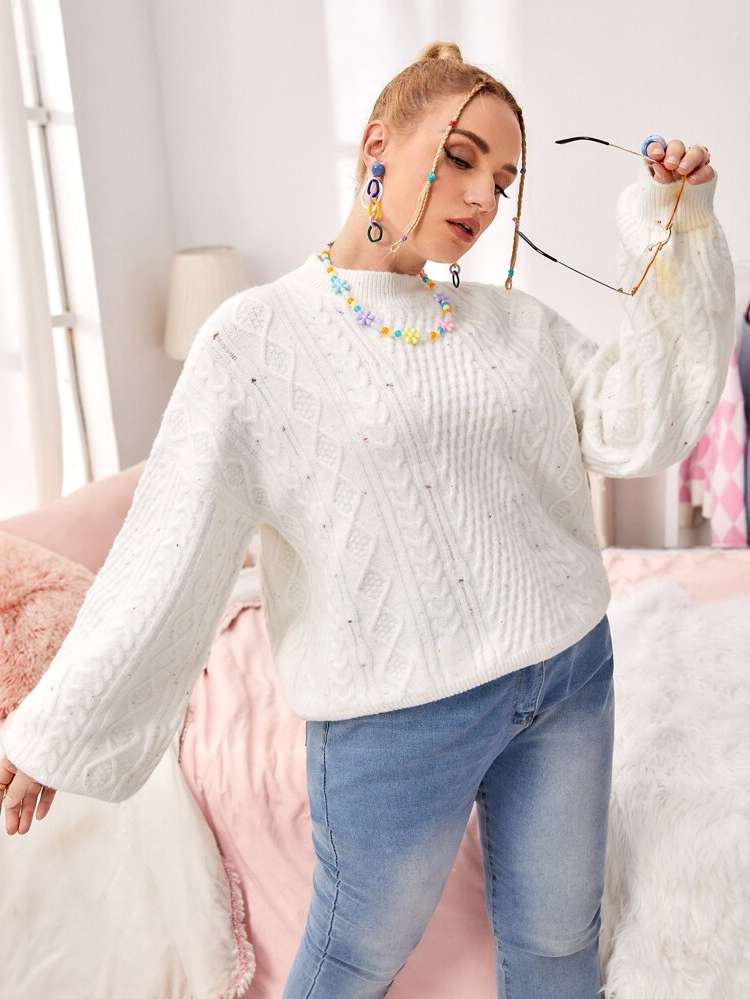  White Long Sleeve Plus Size Knitwear 2171