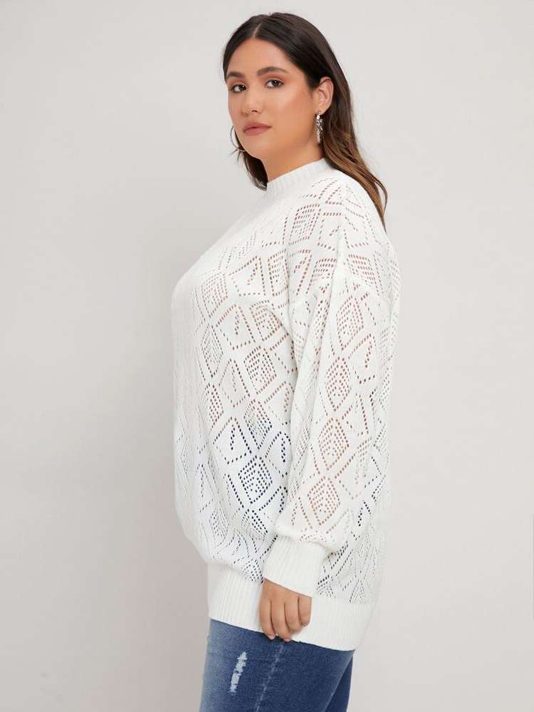 Plain Long Sleeve Oversized White Plus Size Knitwear 2417