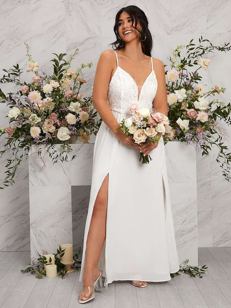 Romantic Spaghetti Strap Plain Split Thigh Wedding  Special 2196