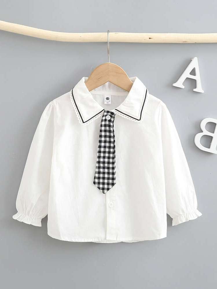 Collar Regular Fit White Gingham Toddler Girl Blouses 9566