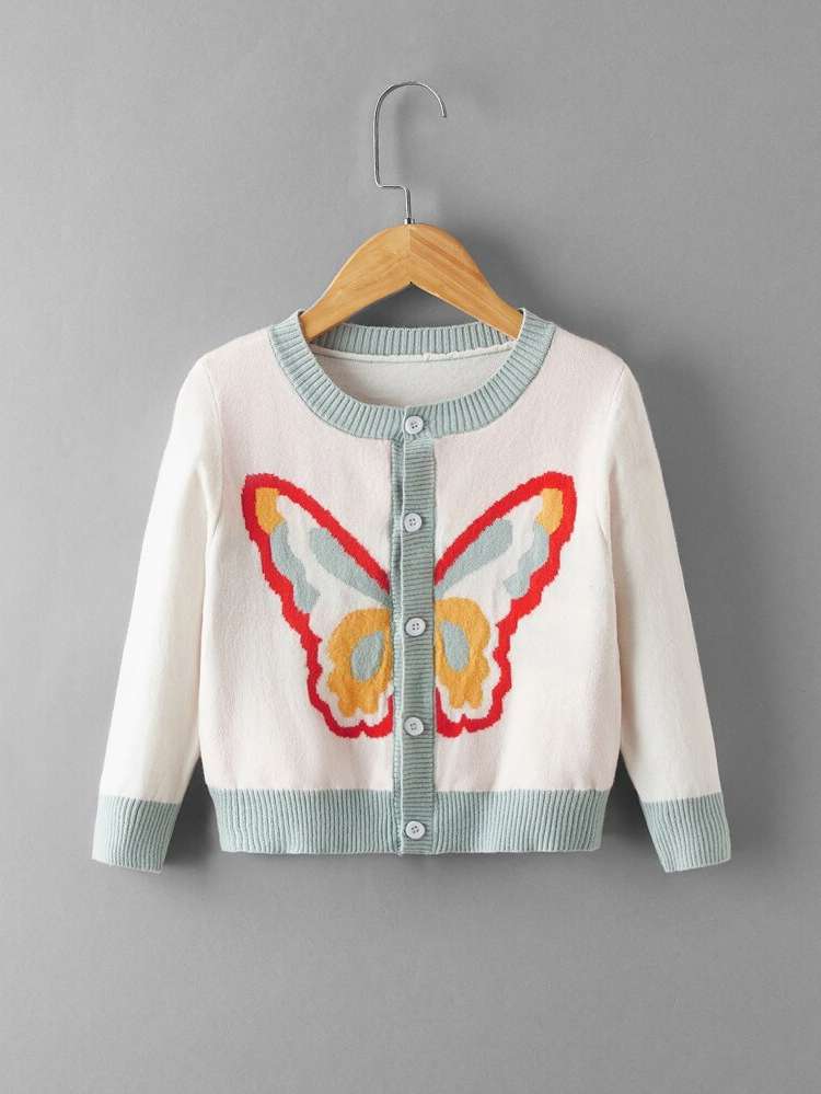 Butterfly Round Neck White Regular Toddler Girl Cardigans 2744