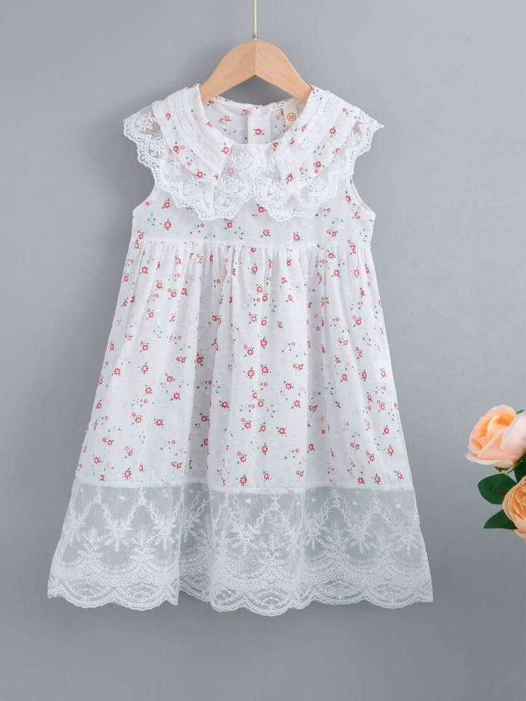 Contrast Lace Loose White Toddler Girl Dresses 7583