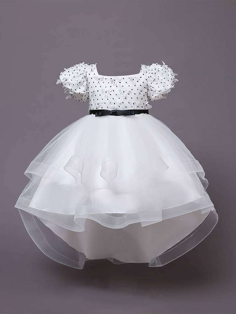 Square Neck Glamorous White Polka Dot Toddler Girl Partywear 347