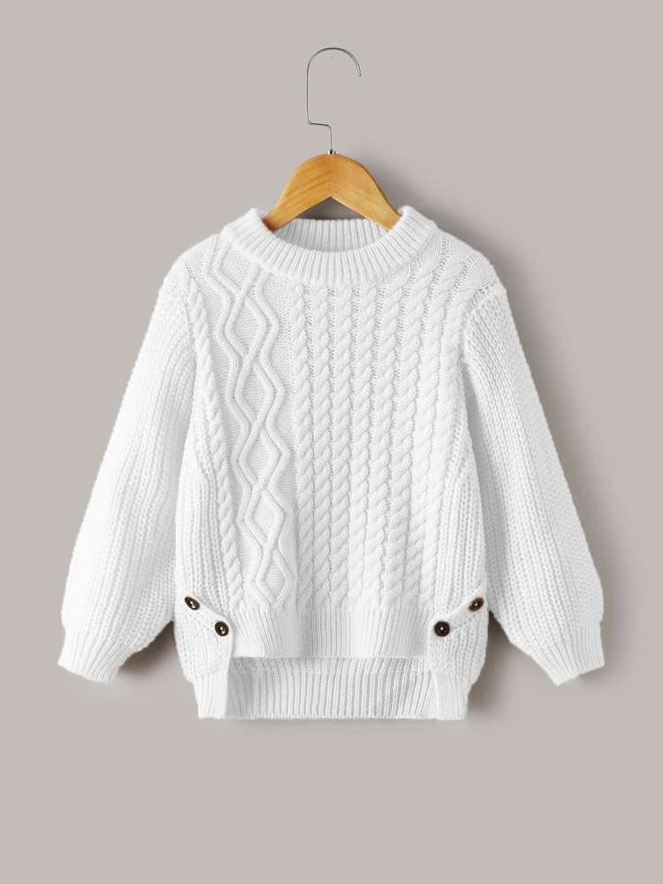 Regular Round Neck White Toddler Girl Sweaters 6761