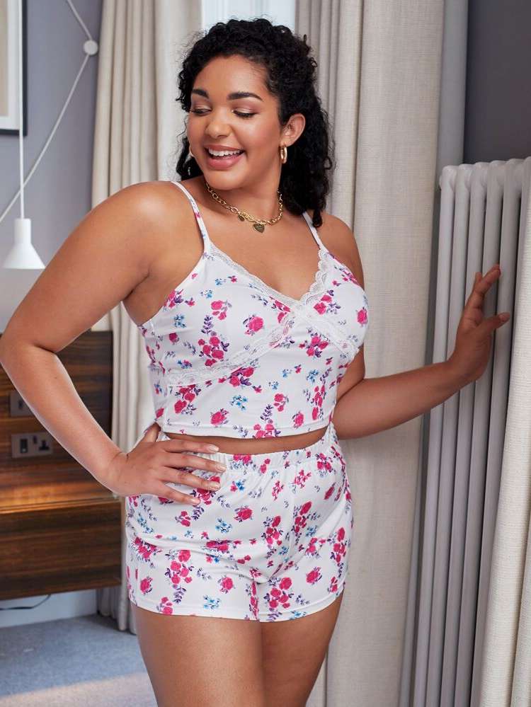 Sexy Ditsy Floral White Sleeveless Plus Size Pajama Sets 5327