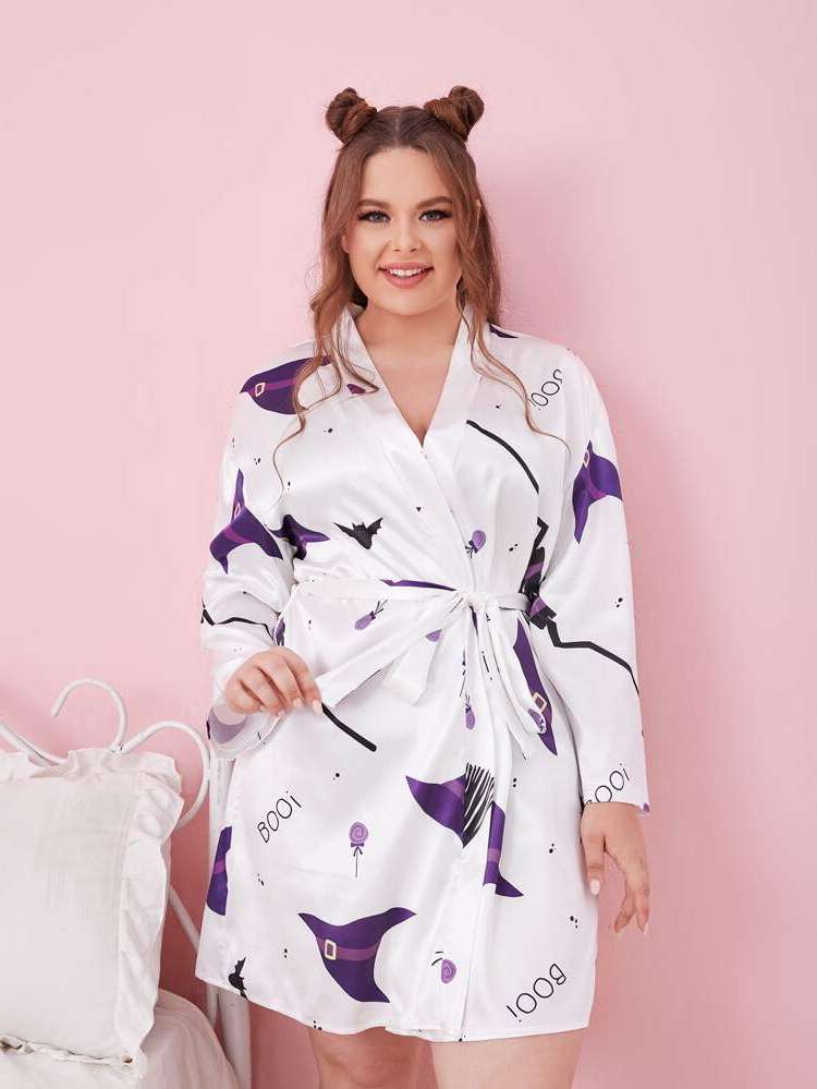 White Belted Long Sleeve Plus Size Robes  Robe Sets 7665