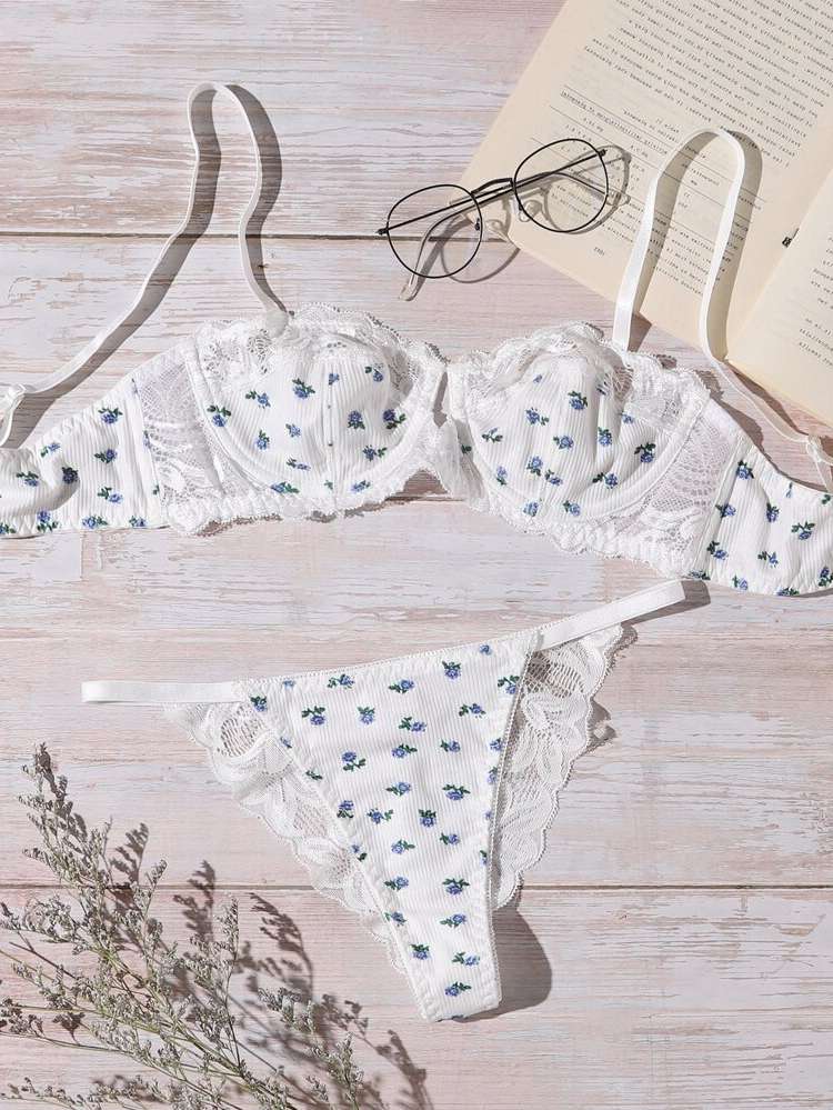  Contrast Lace Cute Floral Women Bra  Panty Sets 6409