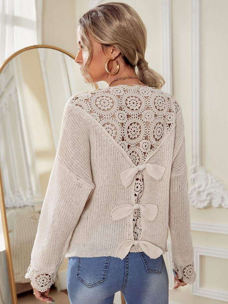 Long Sleeve Contrast Lace Round Neck Women Sweaters 5617