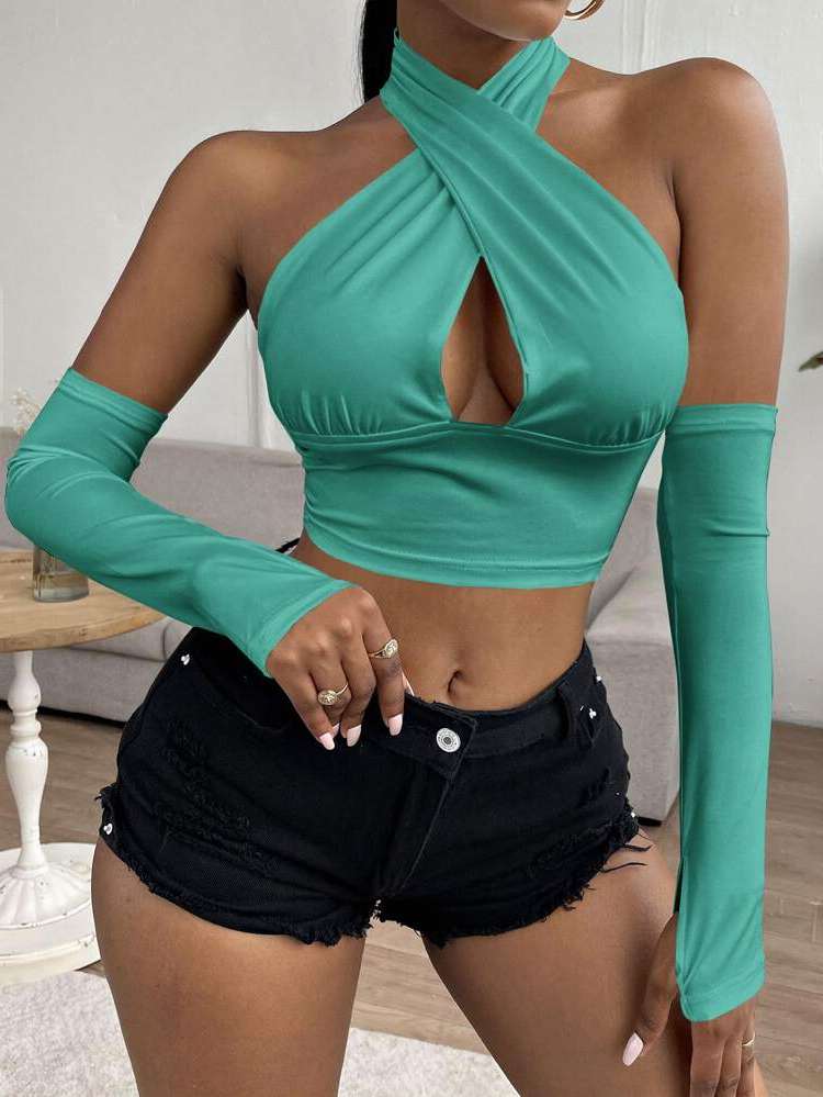 Plain Long Sleeve Backless Women Tops 336