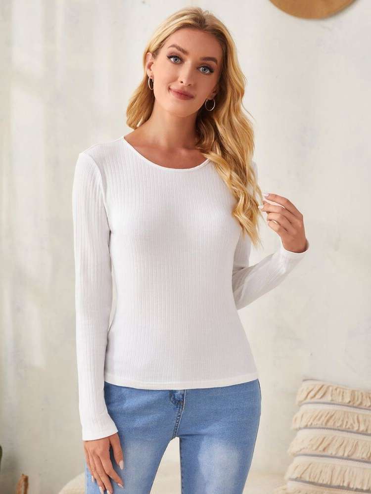 White Slim Fit Plain Long Sleeve Women Clothing 110