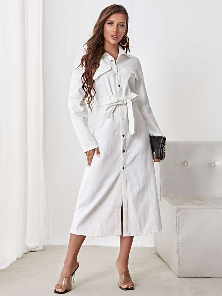 Long Sleeve Elegant Plain White Women Denim Dresses 4361