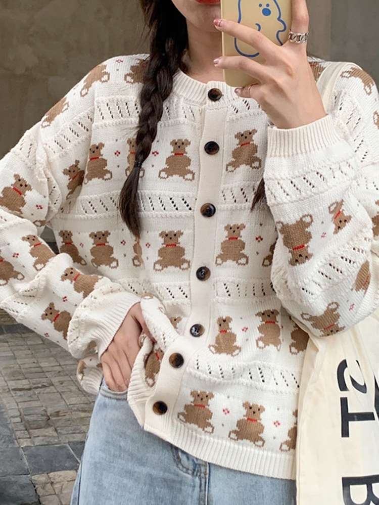 White Cartoon Long Sleeve Round Neck Women Knitwear 45