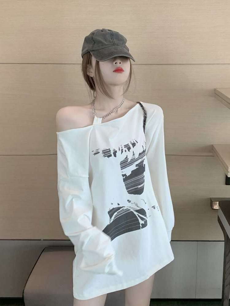 Asymmetrical Neck Casual Long Sleeve White Women T-Shirts 9021