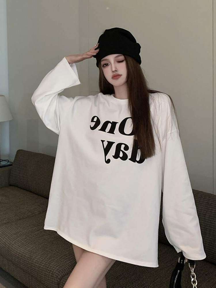 Letter Casual Long Women Tops, Blouses  Tee 840