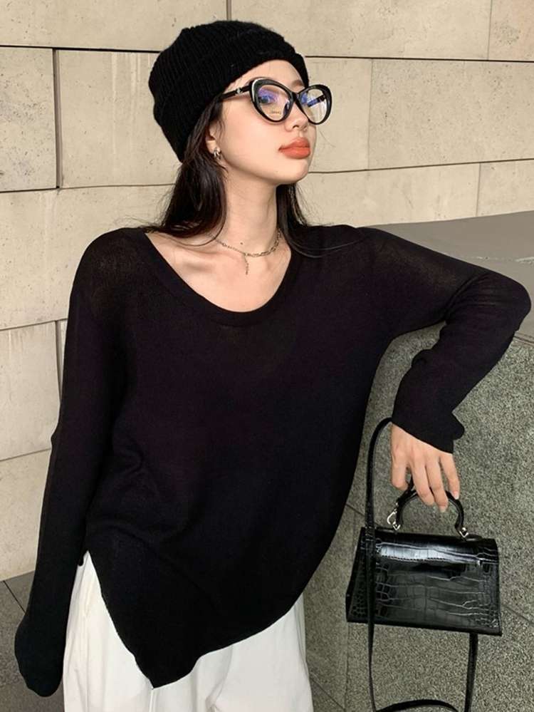 Long Sleeve Asymmetrical White Scoop Neck Women T-Shirts 7712