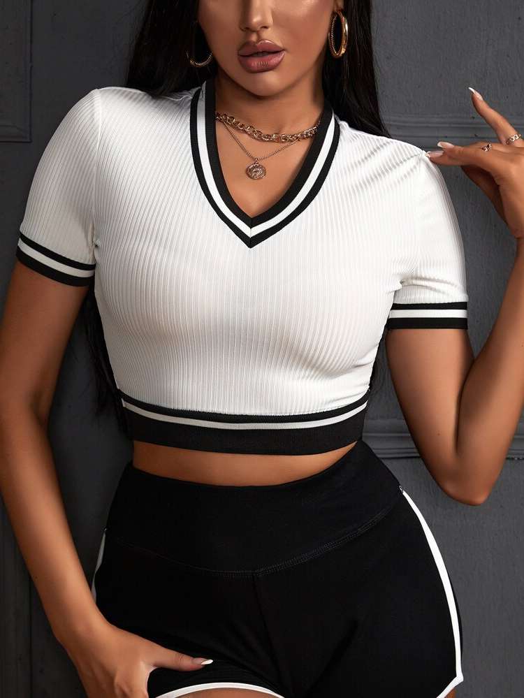 Short Sleeve Striped Crop Women Clothing 2730