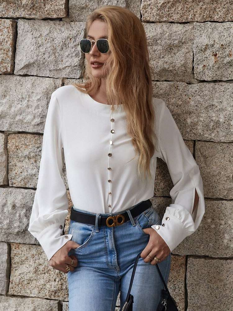 Plain Long Sleeve Round Neck Elegant Women Blouses 277