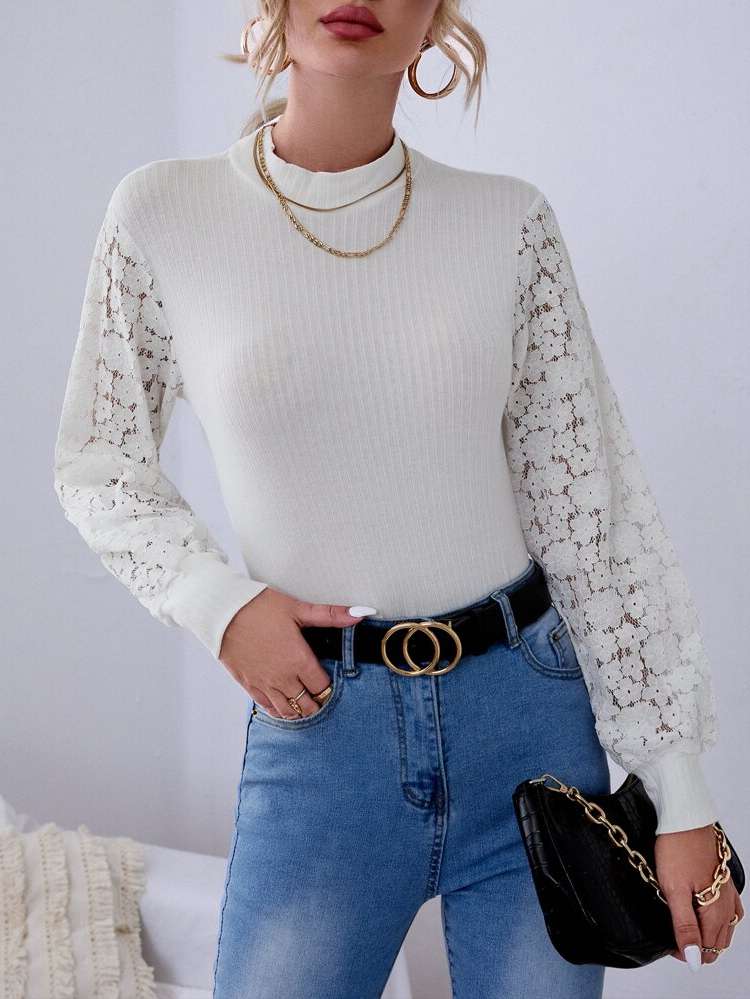 Long Sleeve Regular Elegant Contrast Lace Women Clothing 883