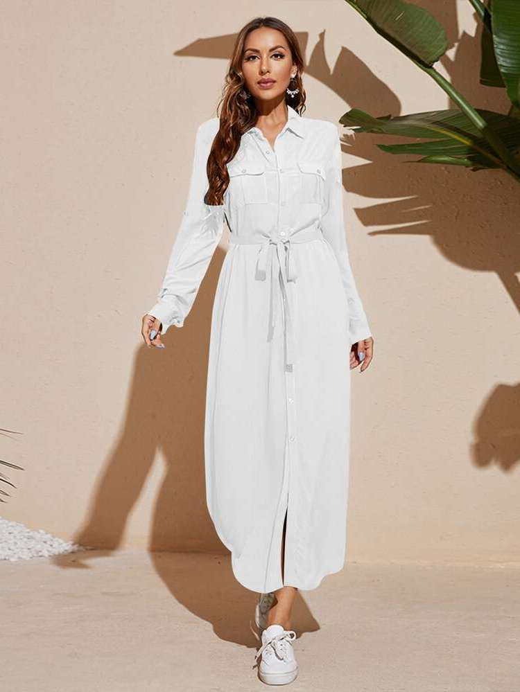 Belted Collar White Long Sleeve Women Dresses 359