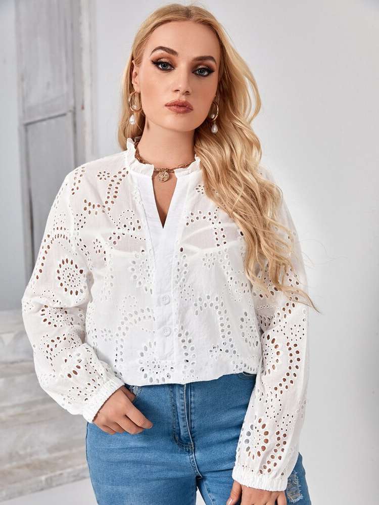 Long Sleeve Regular Fit Boho Eyelet Embroidery Plus Size Tops 6382