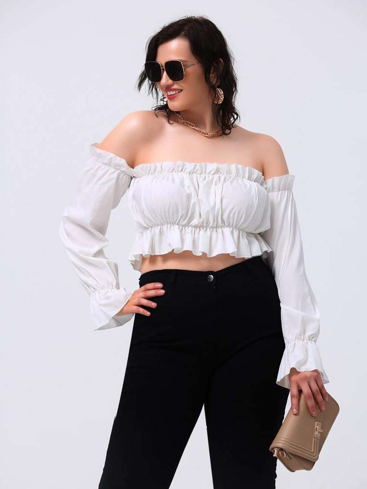  Long Sleeve Frill White Women Plus Clothing 923