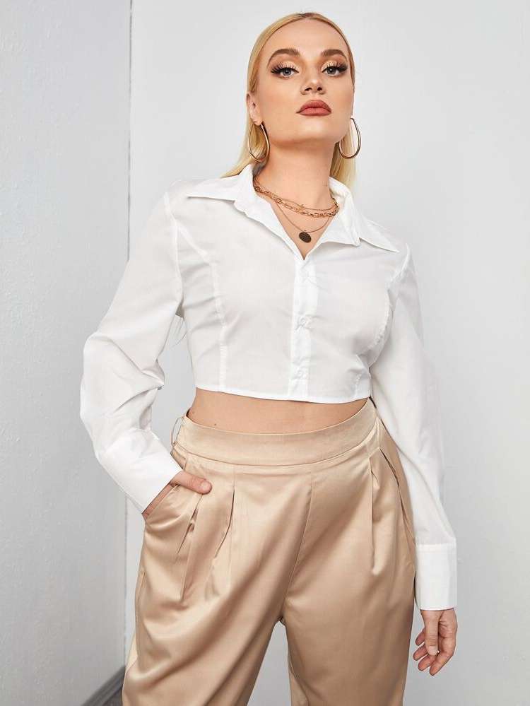 White Casual Collar Crop Women Plus Clothing 8132