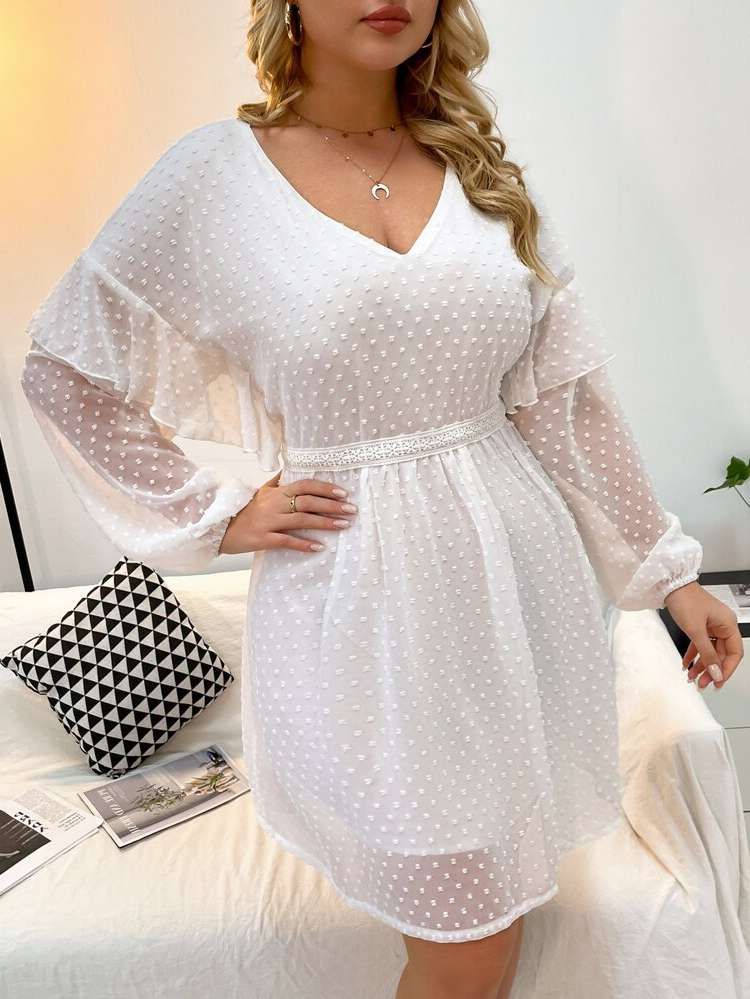  White Regular Fit Ruffle Plus Size Dresses 9939