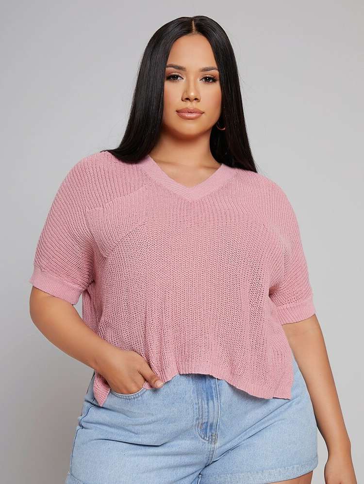  Oversized Plain Plus Size Knit Tops 4583