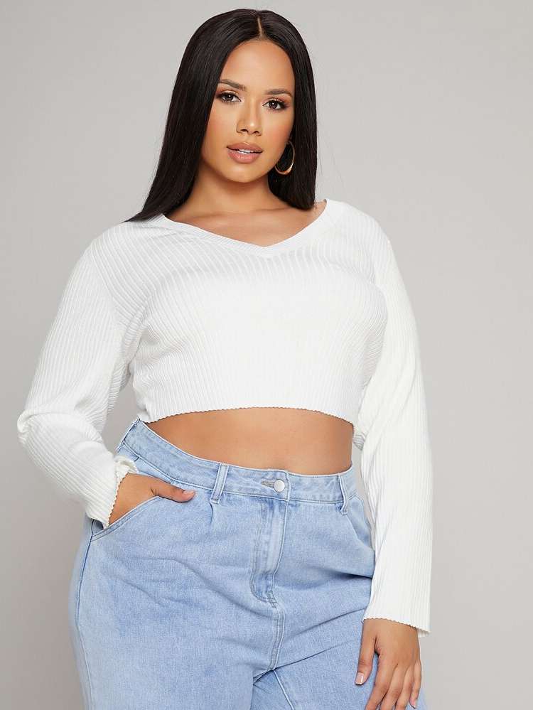 Rib-Knit Crop White Plain Plus Size Sweaters 177