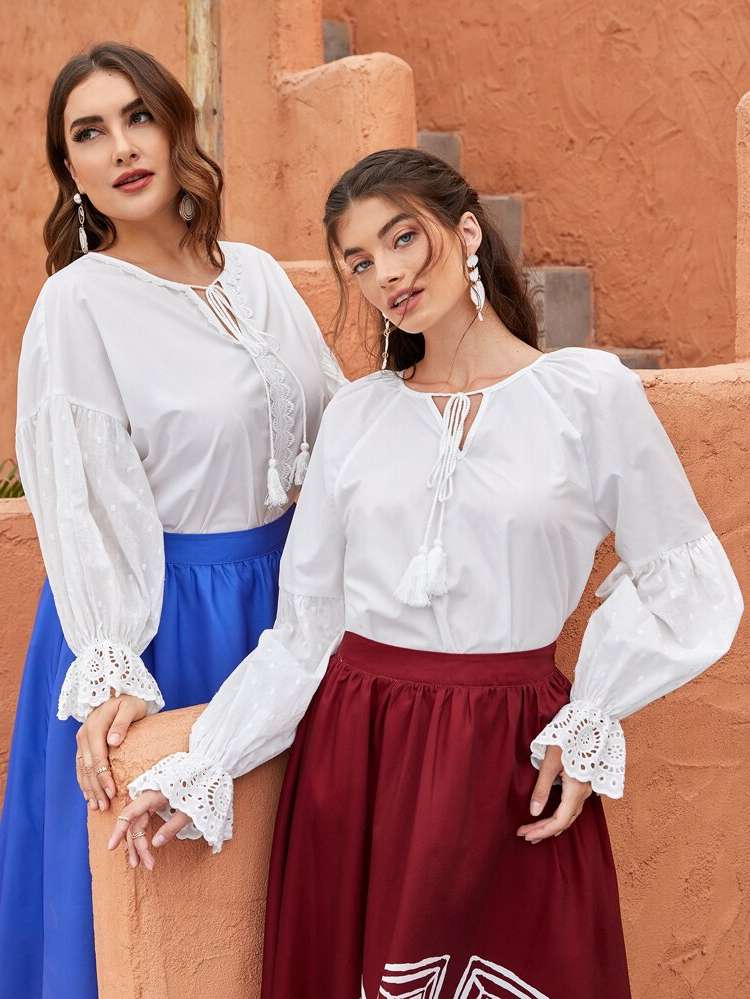 Long Sleeve Boho Tie Neck Plus Size Blouses 4479