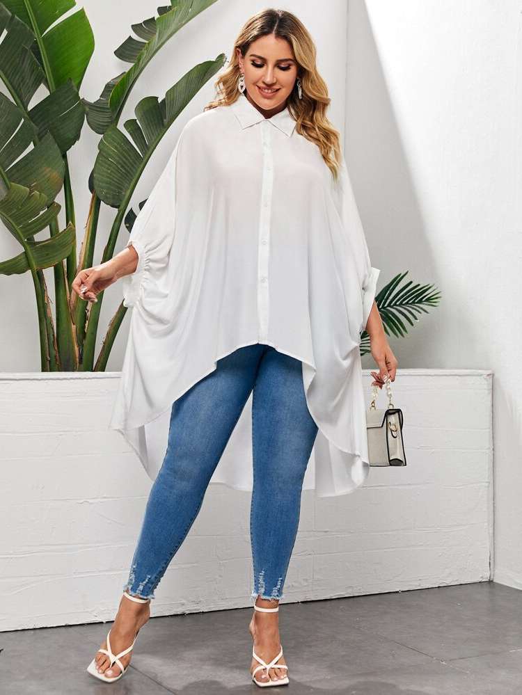 Long White Collar Plain Plus Size Tops 6442