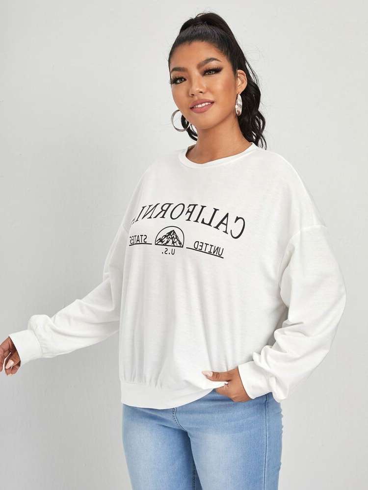 Long Sleeve Round Neck White Regular Plus Size Sweatshirts 686