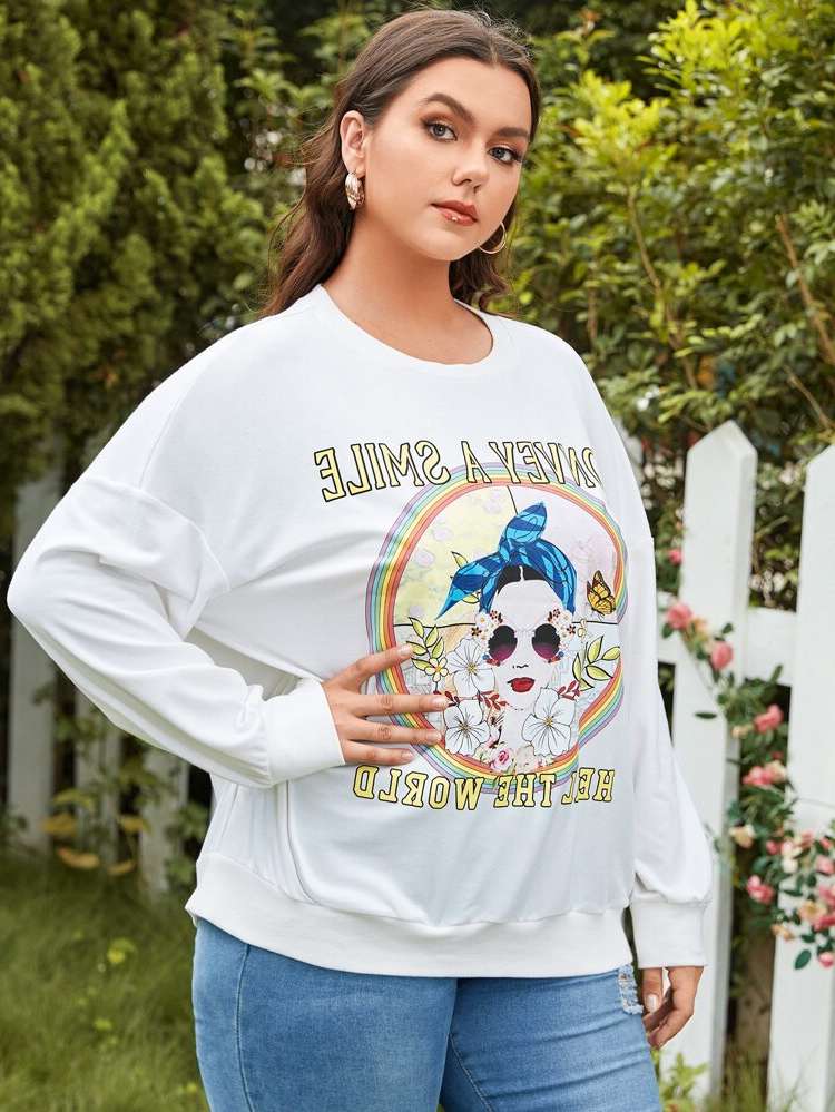  Regular Round Neck Plus Size Sweatshirts 1973