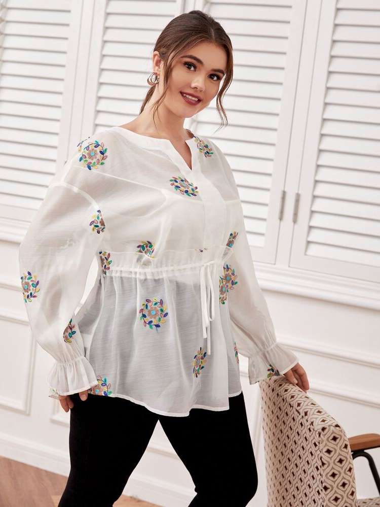 Notched Floral Drawstring White Plus Size Blouses 5230