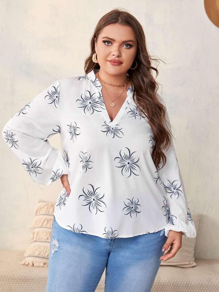 Floral Regular White Notched Women Plus Clothing 9739