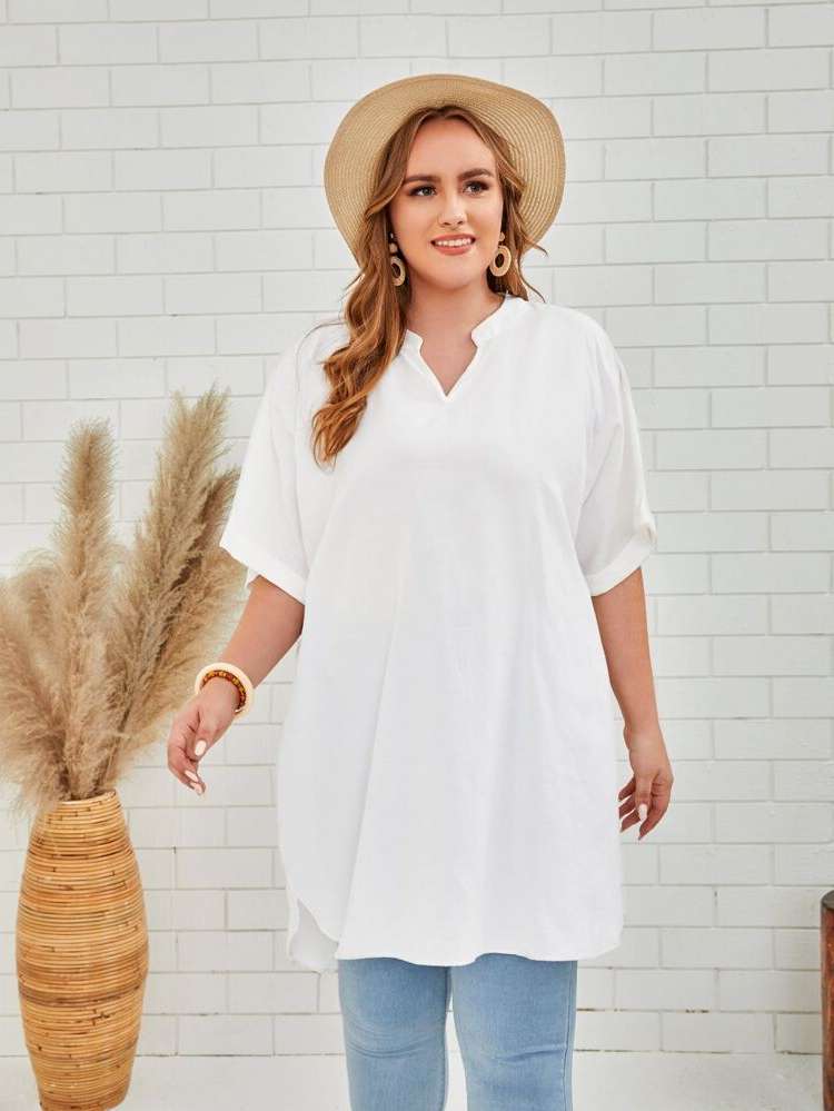 Half Sleeve Long White Casual Plus Size Tops 8505