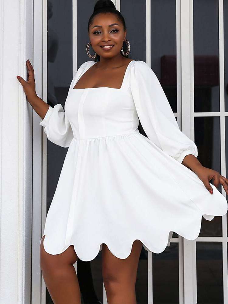 White Scallop Elegant Square Neck Plus Size Dresses 602