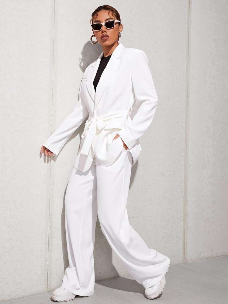 Lapel White Elegant Button Front Women Suits 341