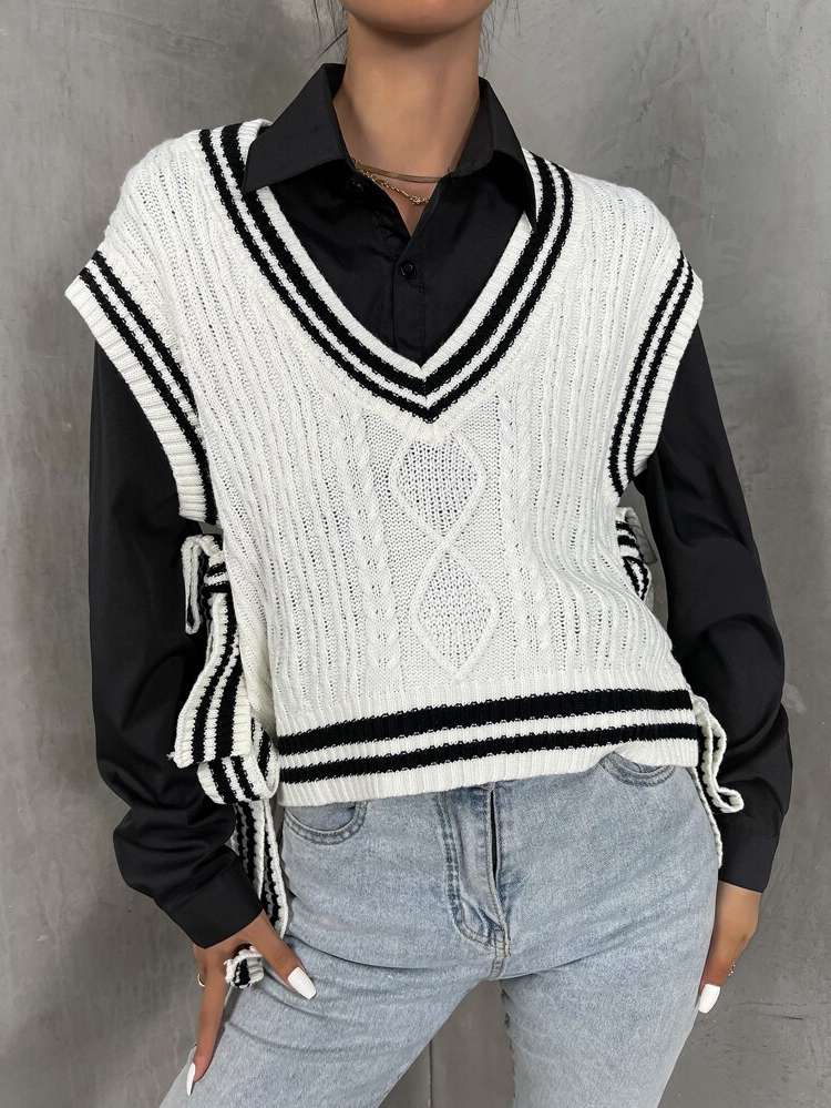 Regular Fit Bow White Women Sweater Vests 803