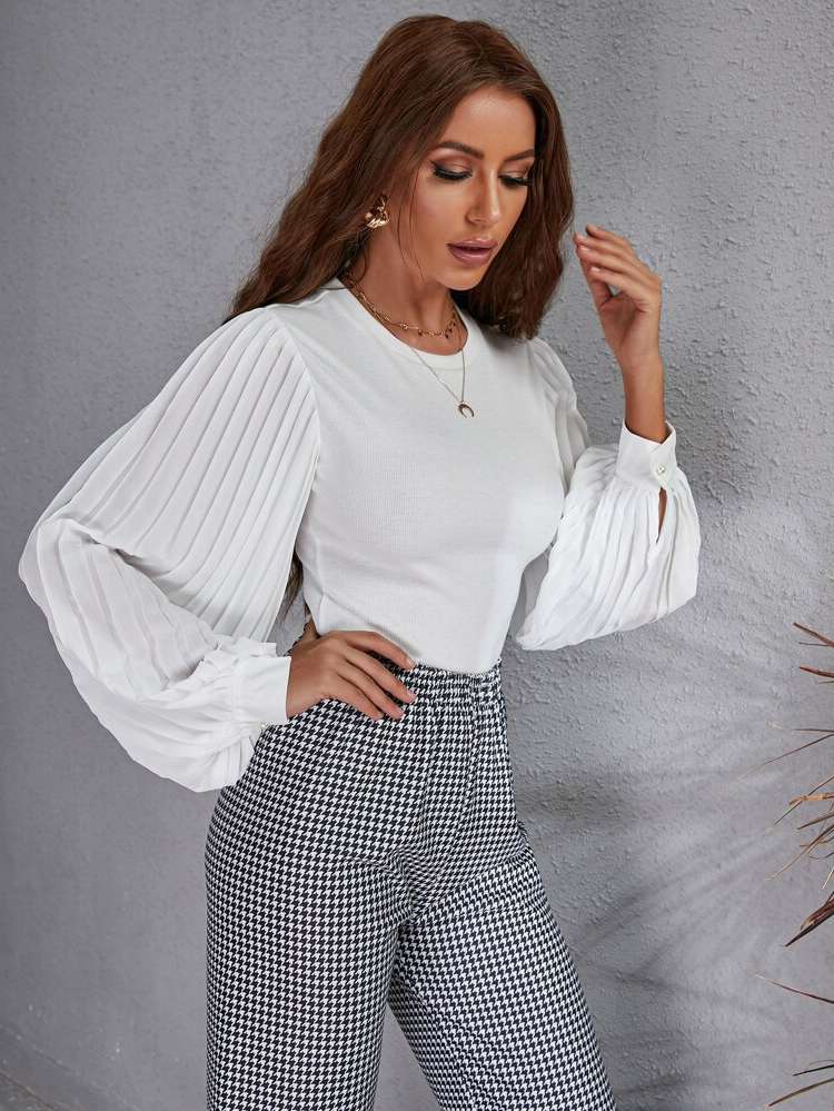 White Pleated Slim Fit Women Clothing 140