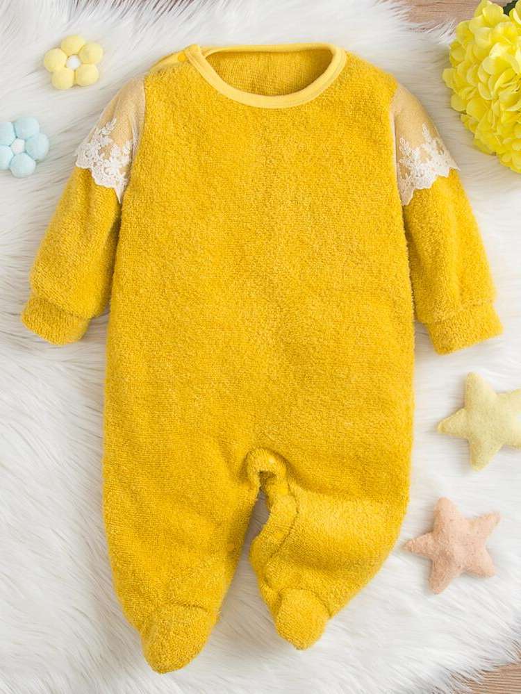 Yellow Plain Round Neck Contrast Lace Baby  Mom 8353