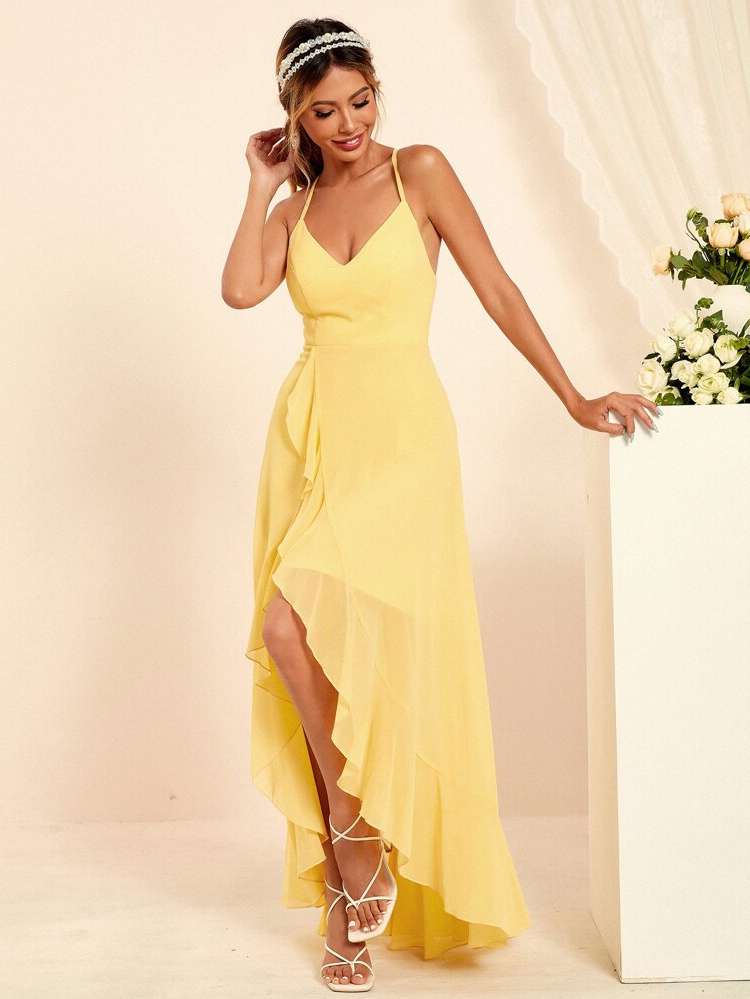 Yellow Plain Maxi Sleeveless Weddings  Events 7040