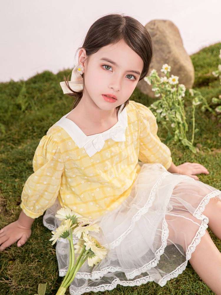 Plaid Cute Crop Yellow Kids Clothing 5966