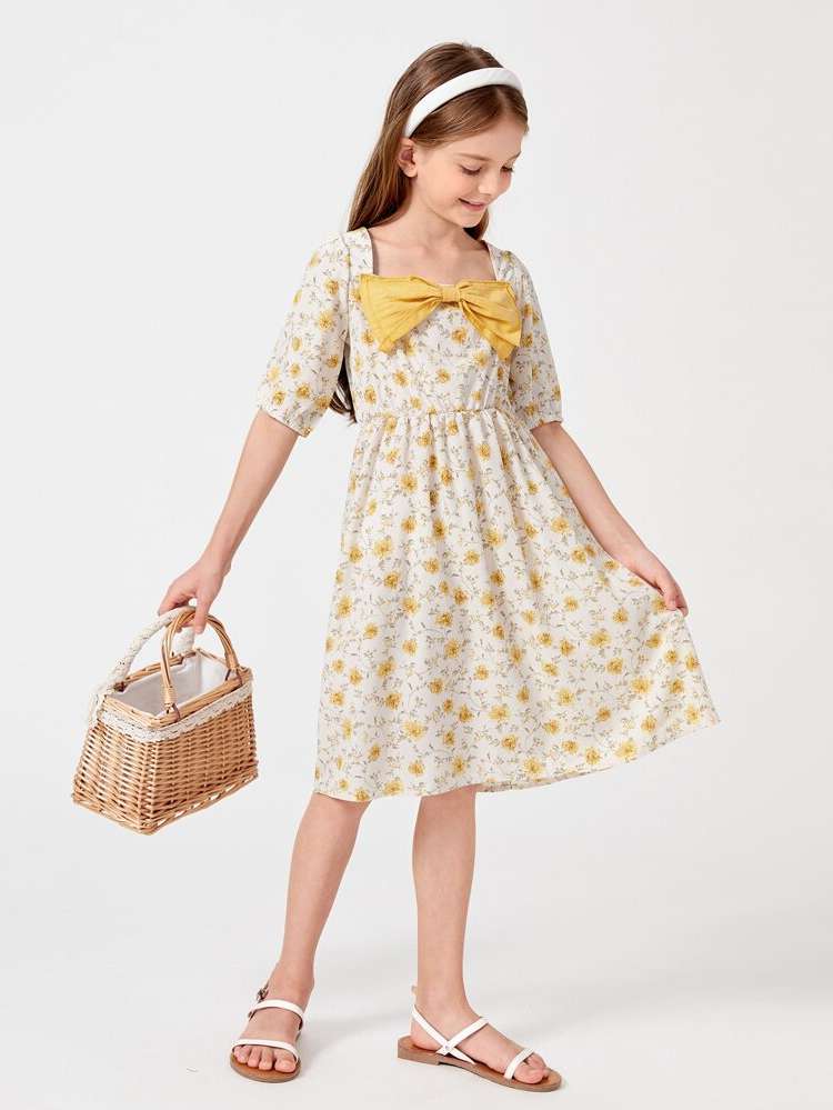 Short Sleeve Yellow Square Neck Floral Girls Clothing 5245