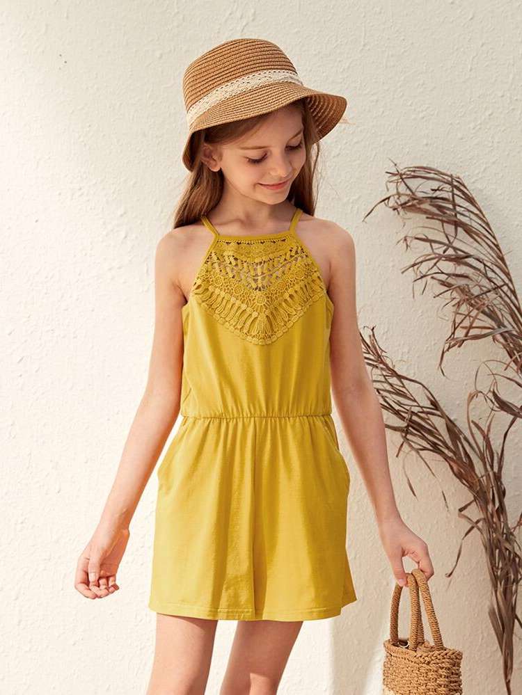 Yellow Sleeveless Regular Fit Plain Girls Clothing 3465