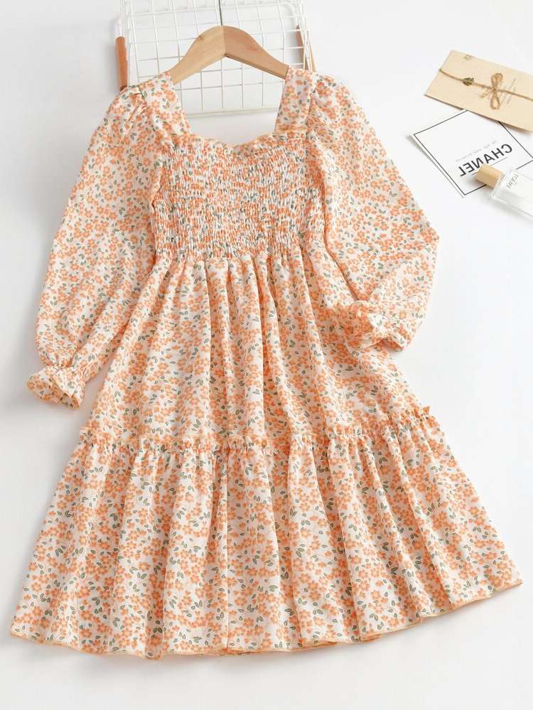 Midi Yellow Ditsy Floral Regular Fit Girls Dresses 6888