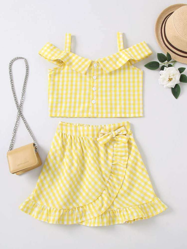 Cold Shoulder Yellow Ruffle Sleeveless Girls Clothing 414